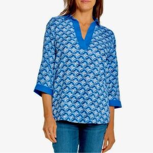 NWT Sigrid Olsen Linen Blouse Blue and White Print Tunic XL